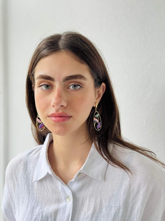 Retrobird Tasarım Mineli Çok Renkli Pirinç Retro Model Küpe