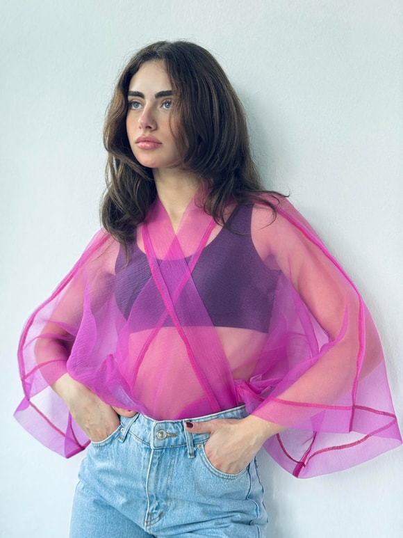 Retrobird Design Fuchsia Organza Mini Kimono