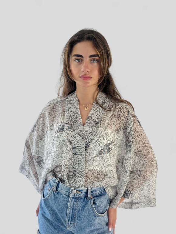 Retrobird Tasarım Açık Gri Şifon Mini Kimono