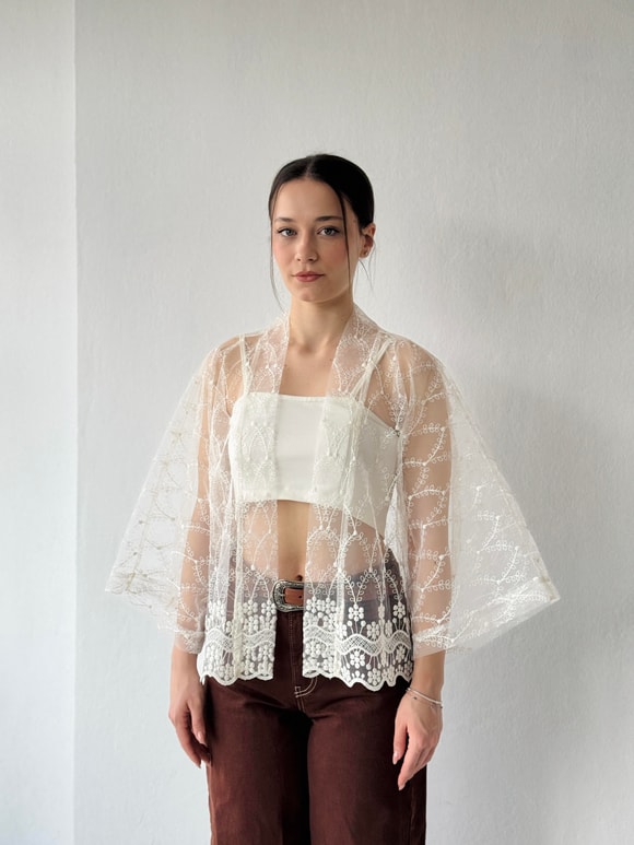 Retrobird Tasarım Tül Ekru Mini Kimono