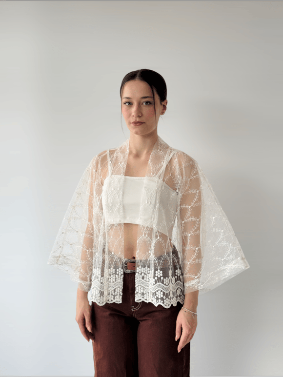 Retrobird Tasarım Tül Ekru Mini Kimono