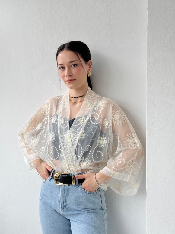 Retrobird Tasarım Tül Mini Kimono