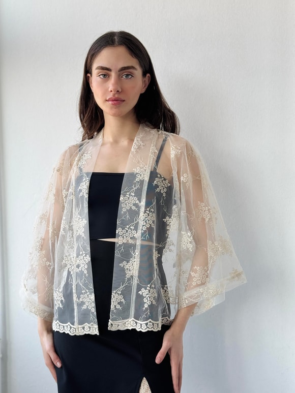 Retrobird Design Tulle Cream Mini Kimono