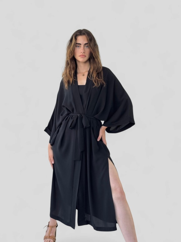 Retrobird Siyah Tasarım Uzun Kimono