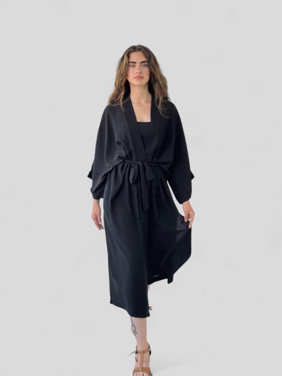 uzun siyah kimono elbise