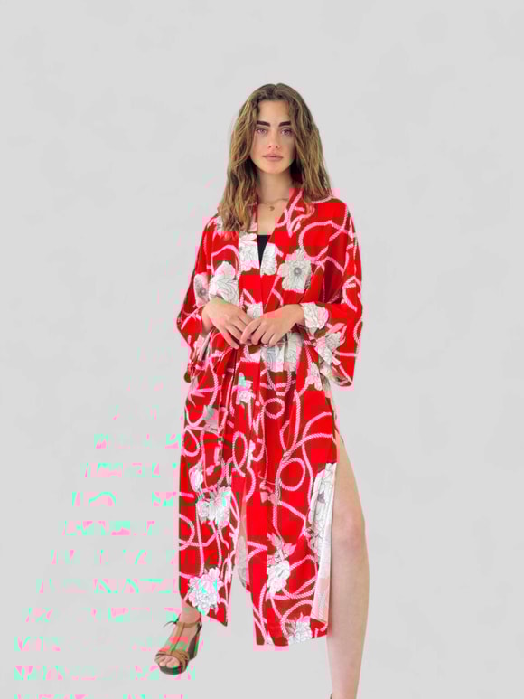 Retrobird Tasarım Desenli Kırmızı Uzun Kimono