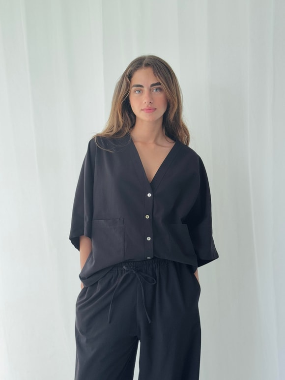 Retrobird Tasarım V Yaka Keten Kimono Gömlek