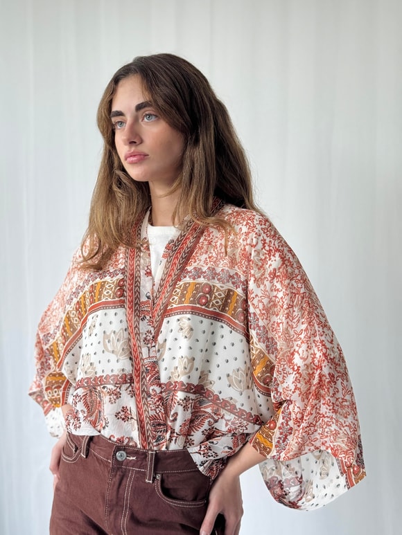 YENİ Retrobird Tasarım Beyaz Kiremit Boho Desen Mini Kimono