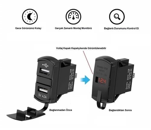 Bfy İkili USB Soketi + Voltmetre Kare