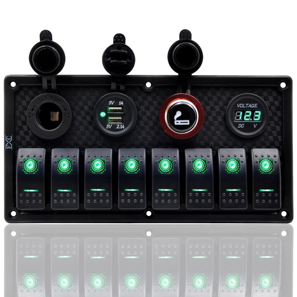 Bfy Switch Panel 8li +Usb+Plastik Çakmaklık+ Çakmak+ Voltmetre Yeşil