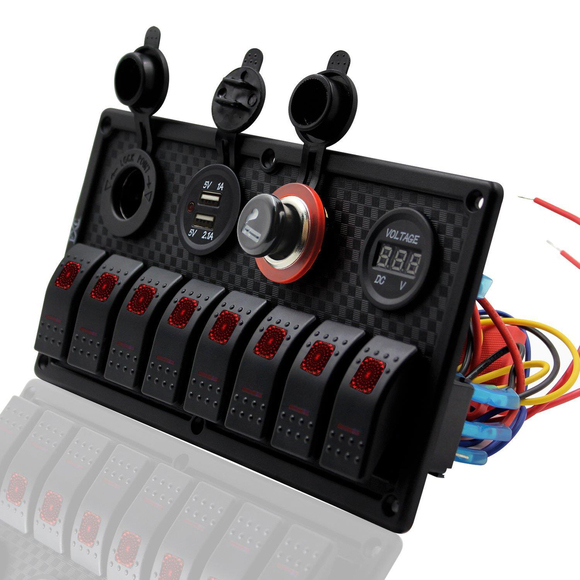 Bfy Switch Panel 8li +Usb+Plastik Çakmaklık+ Çakmak+ Voltmetre Kırmızı