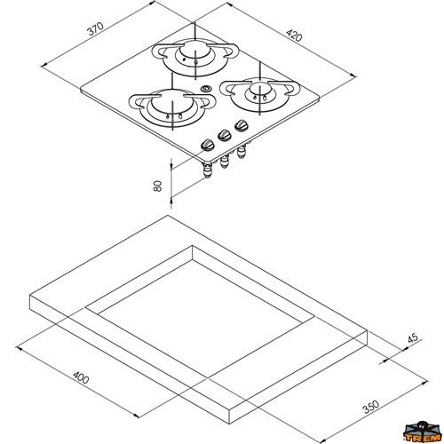 CAN PV1352 Üçlü Cam Yüzeyli Dikdörtgen Gömme Ocak