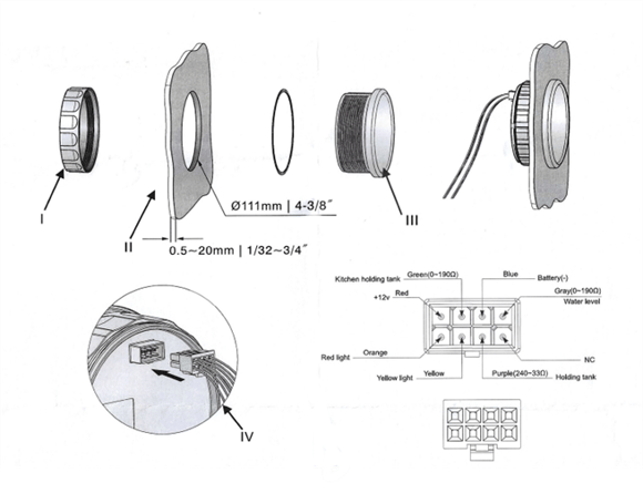 KUS 4lü Temiz Su + Atık Su + Gri Su + 12V Voltmetre Göstergesi Siyah 111mm