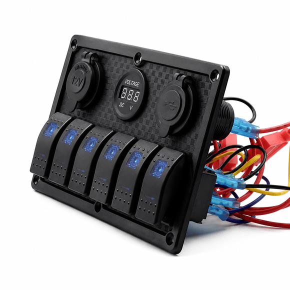 Labarka 6lı Switch Panel USB + Çakmaklık + Voltmetre Mavi LEDli