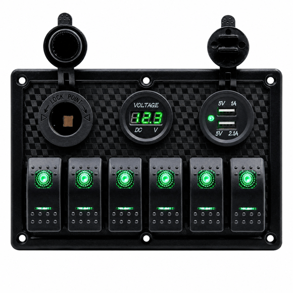 Labarka 6lı Switch Panel USB + Çakmaklık + Voltmetre Yeşil LEDli