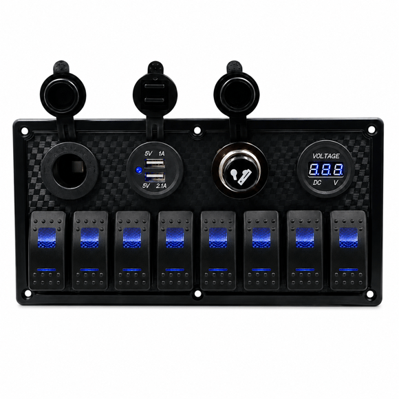 Labarka 8li Switch Panel USB + Çakmaklık + Voltmetre + Çakmak Mavi LEDli