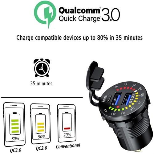 USB Hızlı Şarj Soketi Q3.0 +Led Voltmetreli Düğmeli