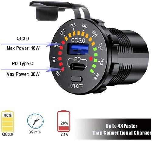 USB Hızlı Şarj Soketi Q3.0 +Type C +Led Voltmetreli Düğmeli