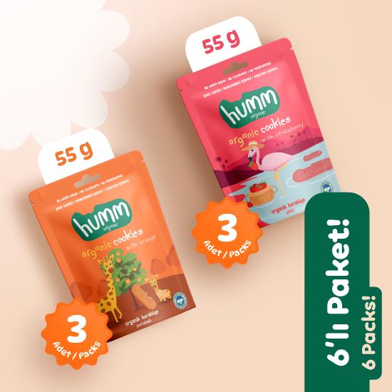 Organik Vegan Çilekli Kurabiye ve Portakallı Kurabiye Atıştırmalık Paketi 6 adet (2 çeşit) görseli.