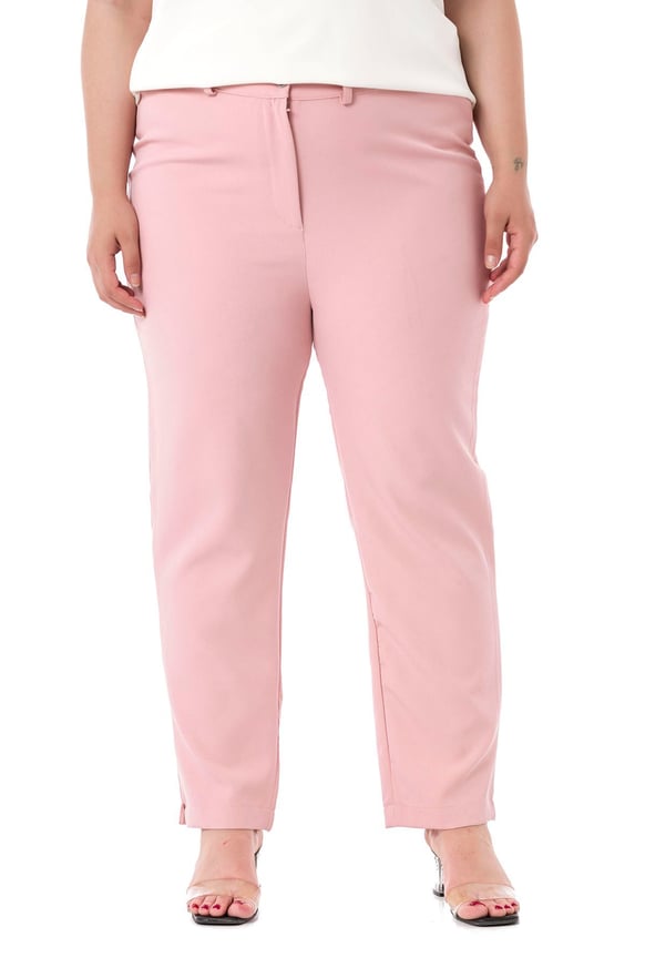 Plus Size Light Pink Trousers with Elastic Waist Sides Zippered Leg Slits