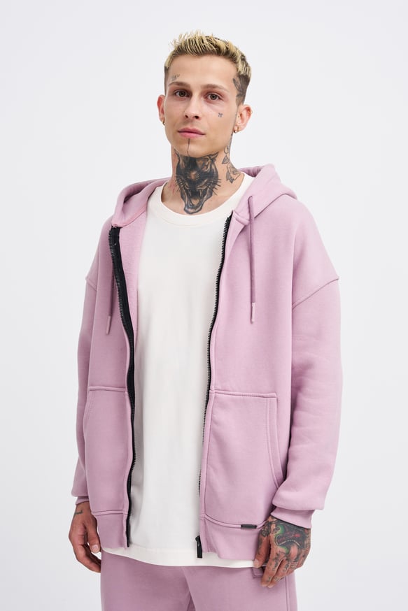 Erkek Basic Fermuarlı Cepli Kapüşonlu Oversize Kirli Pembe Sweatshirt