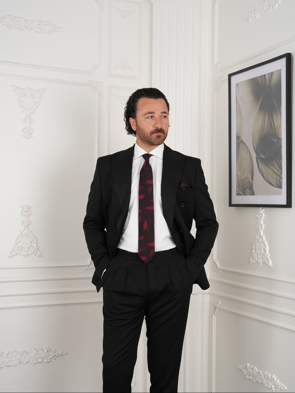 Erkek Slim Fit İtalyan Stil Punto Dikişli Kruvaze Takım Elbise-Siyah-Siyah