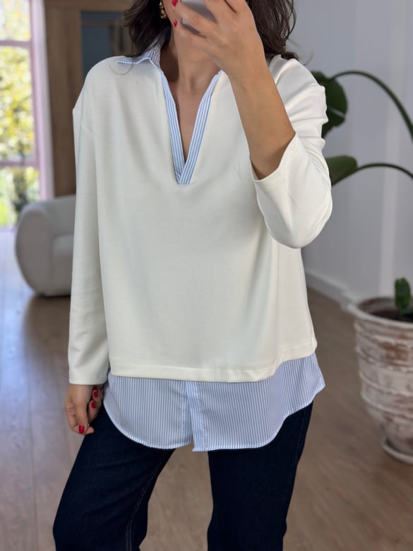  Gömlek Detaylı Modal Sweatshirt - Ekru