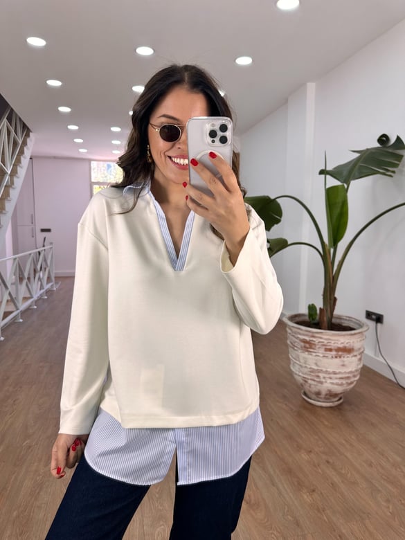  Gömlek Detaylı Modal Sweatshirt - Ekru