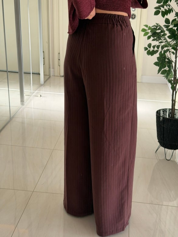 Bel Arkası Lastikli Çizgili Modal Pantolon - Bordo