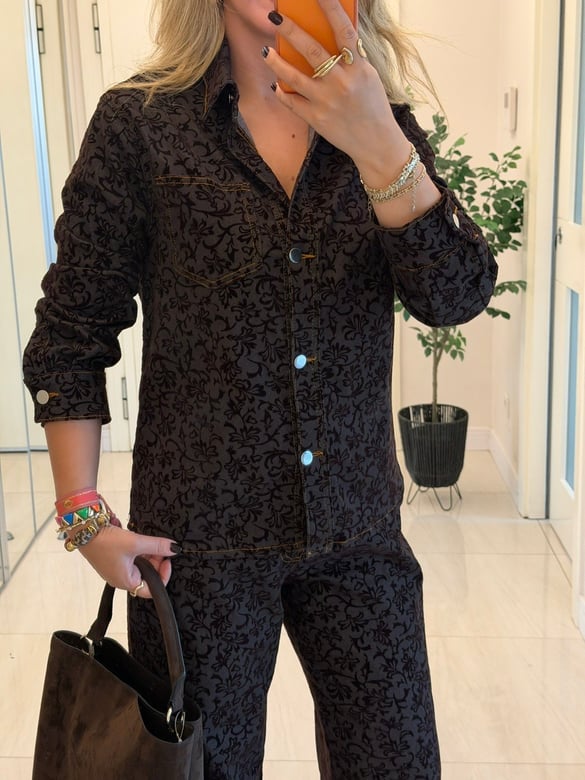 Orijinal Marka Jakar Dokuma Detaylı Denim Takım - Kahve