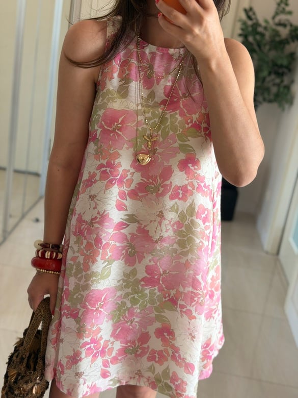 Çiçek Desenli Astarlı Elbise - Pembe 