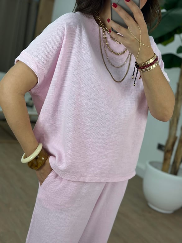 %100 Ham Keten Kısa Kollu Salaş Takım - Pembe