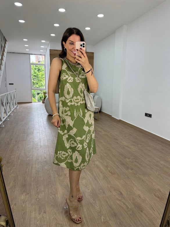 %100 Modal Kumaş Midi Boy Elbise-Yeşil