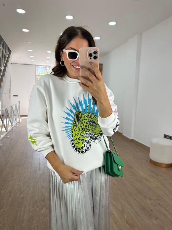 %100 Pamuk Leopar Baskılı Sweatshirt- Ekru