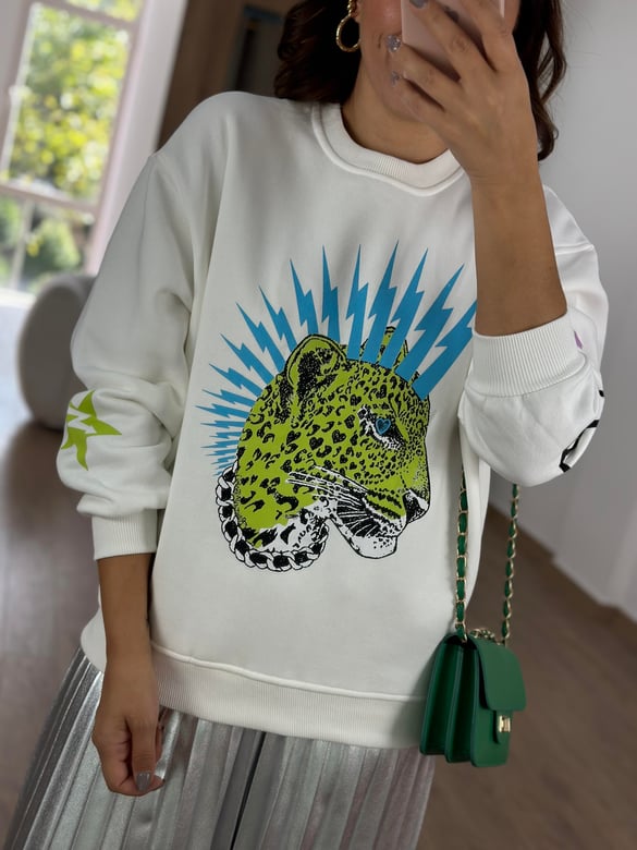 %100 Pamuk Leopar Baskılı Sweatshirt- Ekru