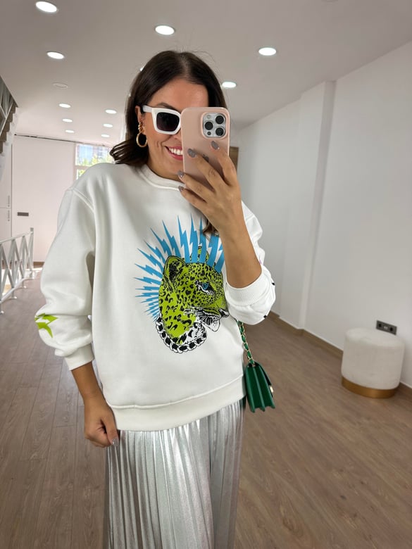 %100 Pamuk Leopar Baskılı Sweatshirt- Ekru