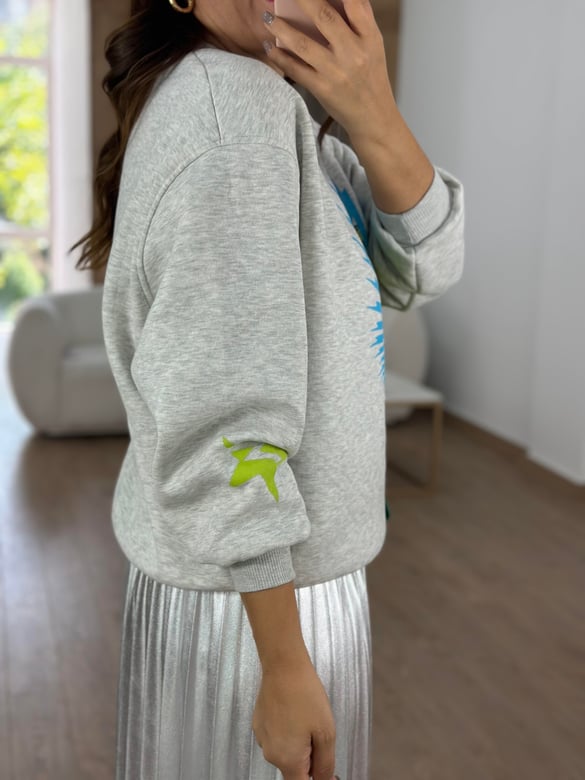 %100 Pamuk Leopar Baskılı Sweatshirt-Gri