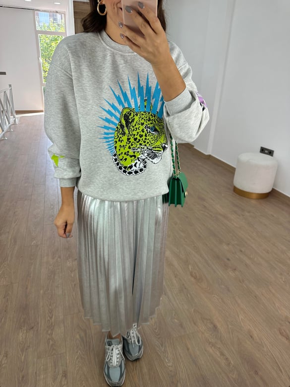 %100 Pamuk Leopar Baskılı Sweatshirt-Gri