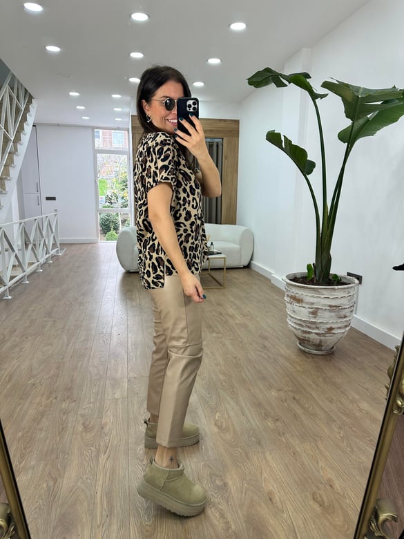 %100 Pamuk Leopar Desen Tshirt-Bej-Siyah