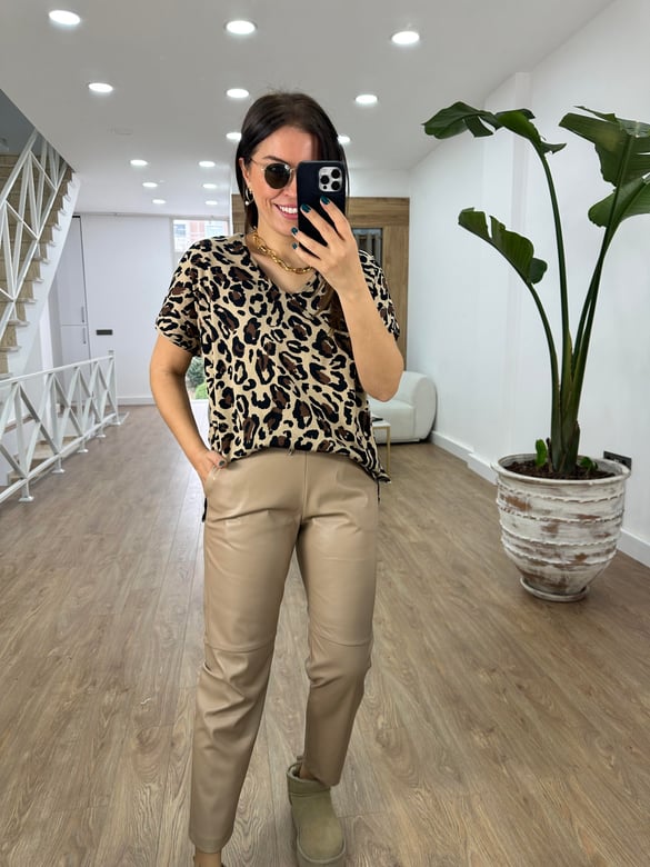 %100 Pamuk Leopar Desen Tshirt-Bej-Siyah