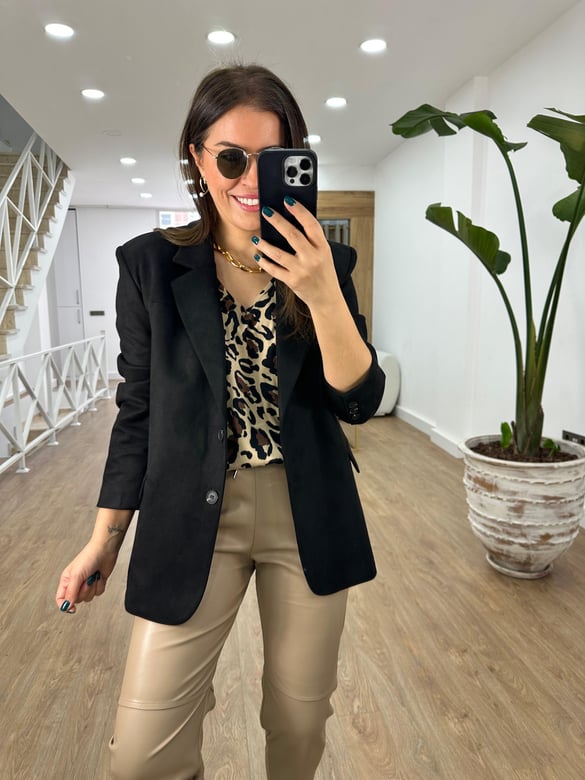 %100 Pamuk Leopar Desen Tshirt-Bej-Siyah