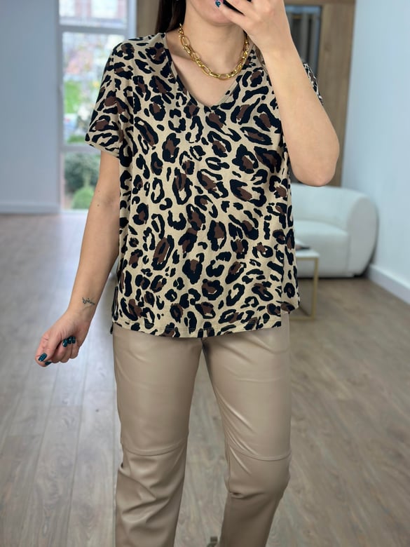%100 Pamuk Leopar Desen Tshirt-Bej-Siyah