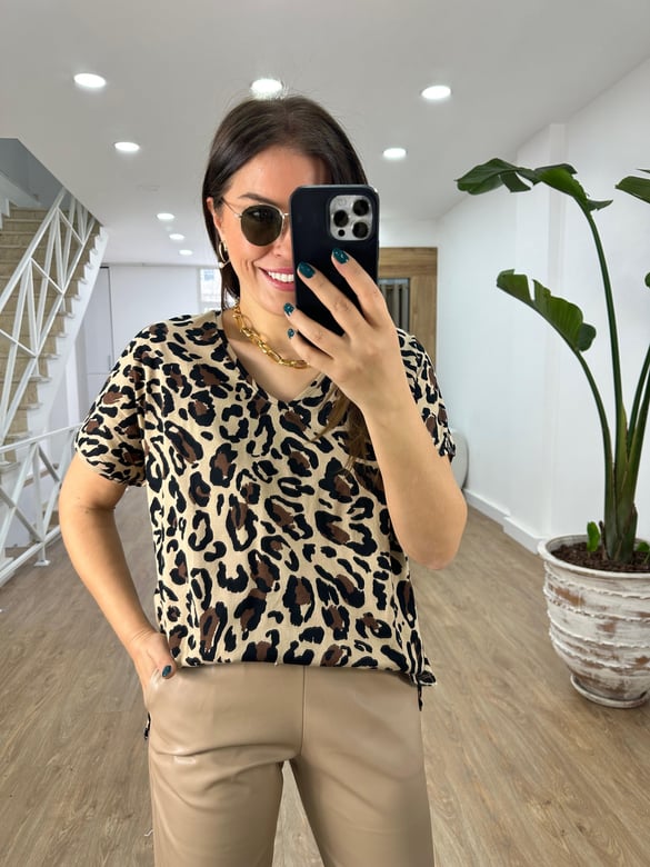 %100 Pamuk Leopar Desen Tshirt-Bej-Siyah
