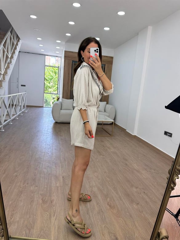 %100 Pamuk Nakışlı Yarım Kol Tulum Taş