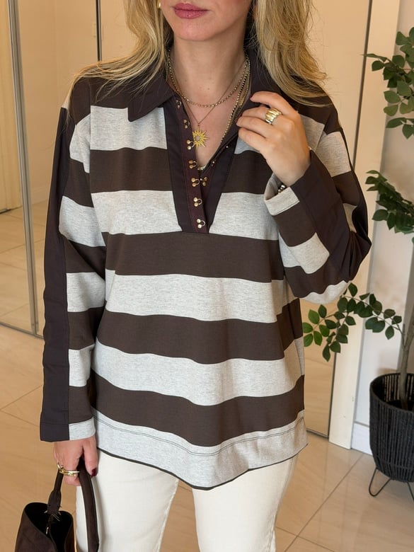 Agraf Detaylı Polo Yaka Çizgili Sweatshirt-Kahve