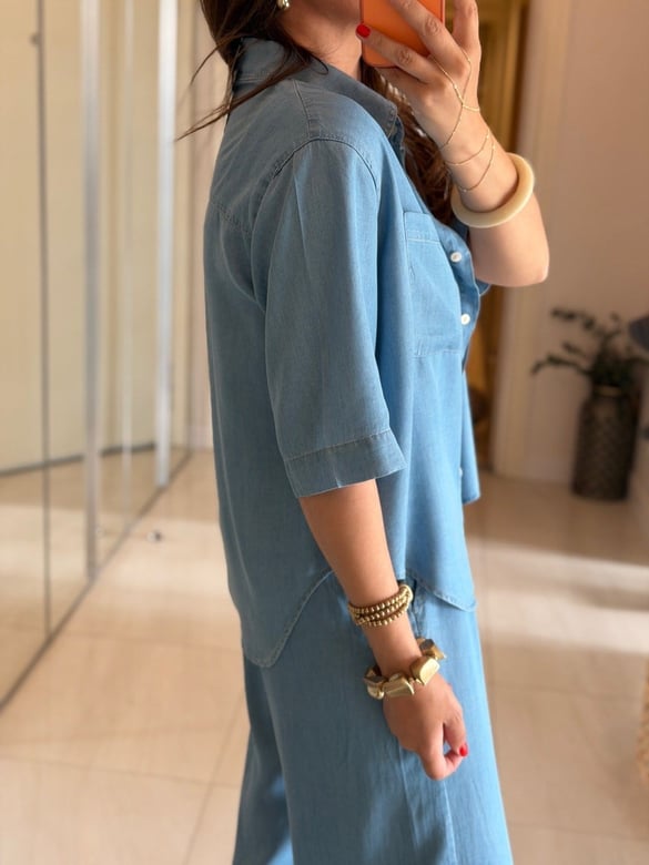 Yarım Kol Premium Tensel Denim Takım - Buz Mavisi