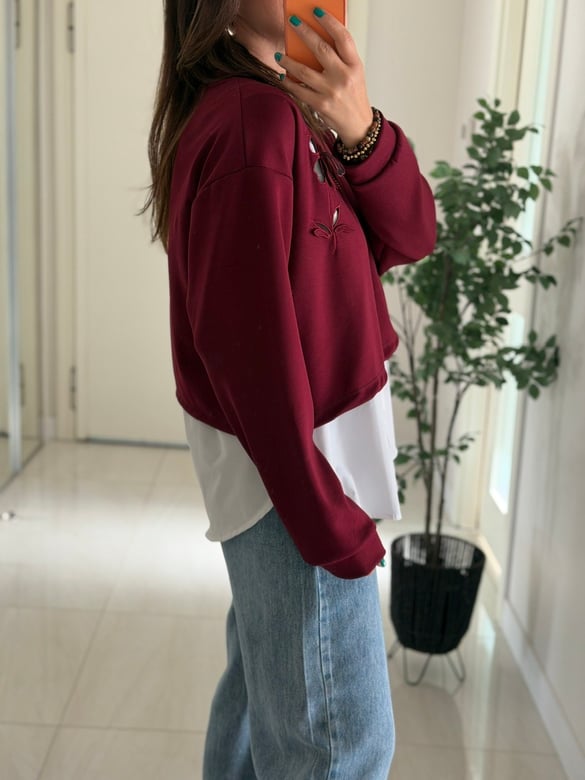 Orijinal Model Nakışlı Gömlekli Sweat - Bordo