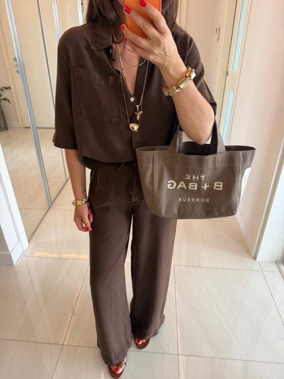 Yarım Kol Premium Tensel Denim Takım -  Kahve