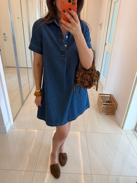 Polo Yaka Kısa Kollu Denim Elbise