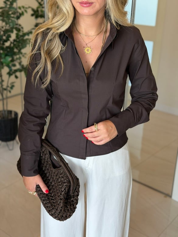 Pamuklu Manşetli Slim Fit Gömlek-Kahve